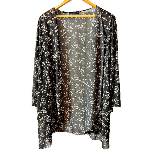 SHEIN Tops - SHEIN Curve Black Floral Sheer Open Front Kimono Cover Up Boho Plus Size 2X